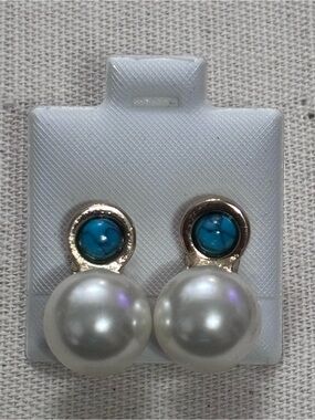 Pearl Drop Stud Earrings with Turquoise Accent - White & Blue
